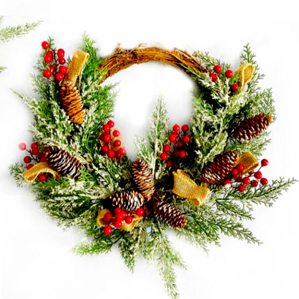 Festive Holiday Wreath with Red Berries, Pinecones and Artificial Snow